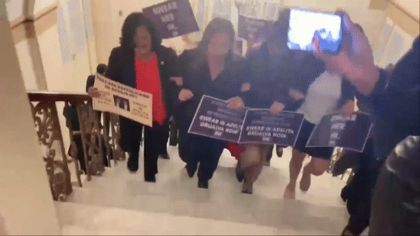Democrats storm Johnson’s office demanding to swear in new representative