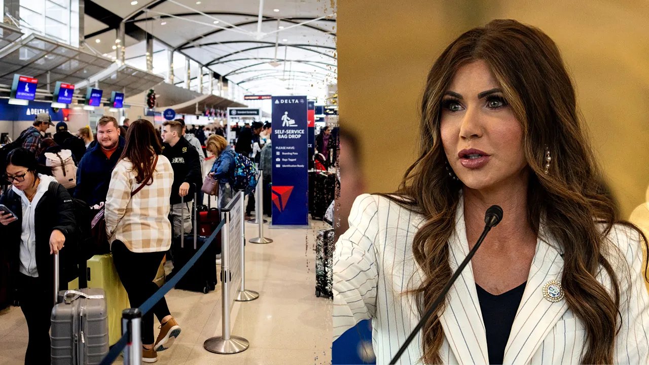 Noem blasts Dems for government shutdown in new video played at every US airport