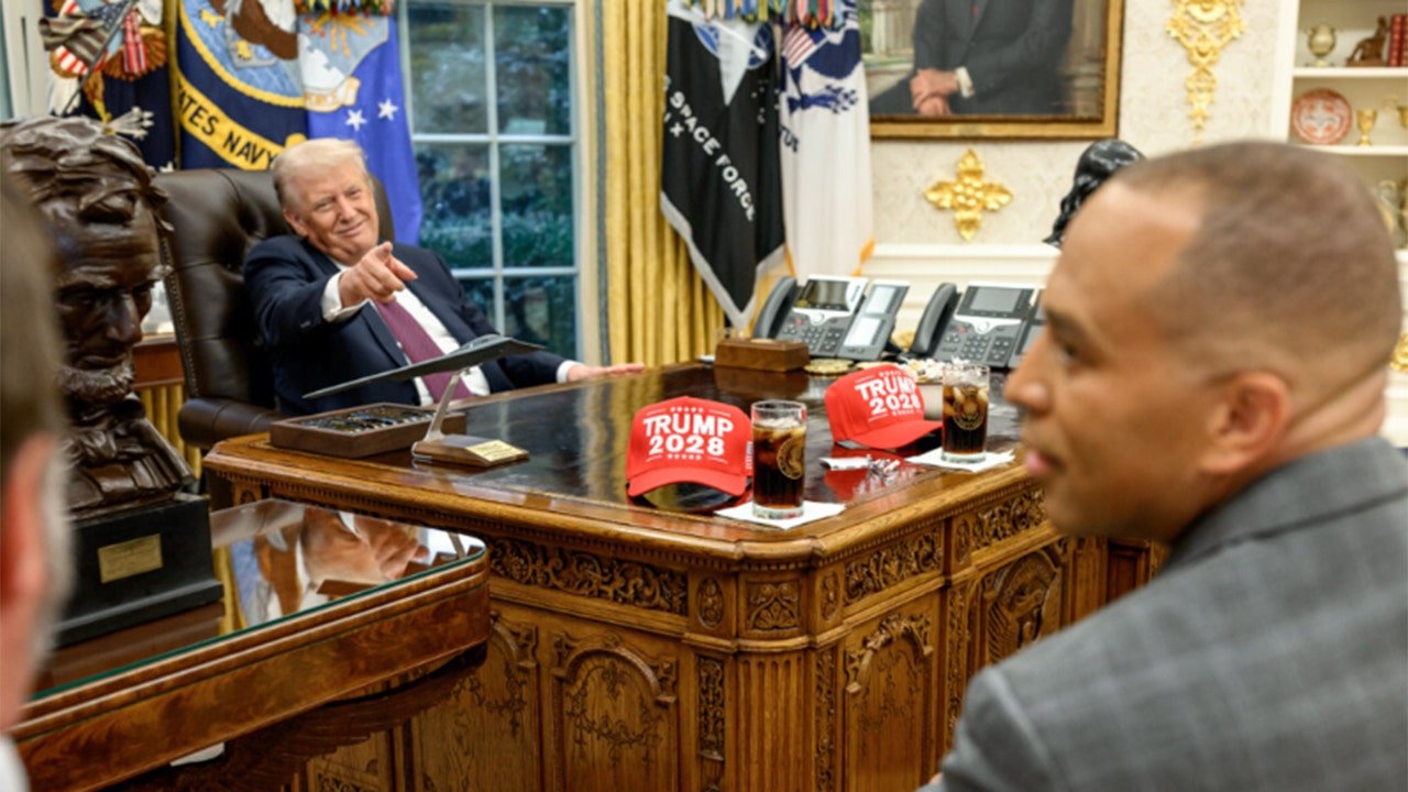 Trump posts photos from Democrat meeting with ‘2028’ hats as shutdown looms